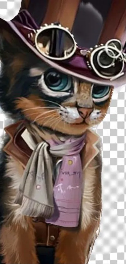 Steampunk cat with top hat and goggles on a mobile wallpaper.