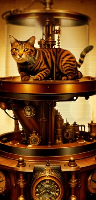 Steampunk cat rests on a mechanical apparatus in vintage style.