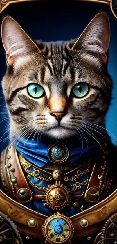 Steampunk cat with cyan eyes framed in a gear-adorned golden design.