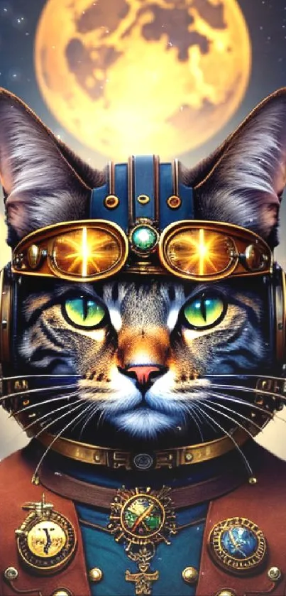 Steampunk cat with glowing eyes under moons in vibrant colors.