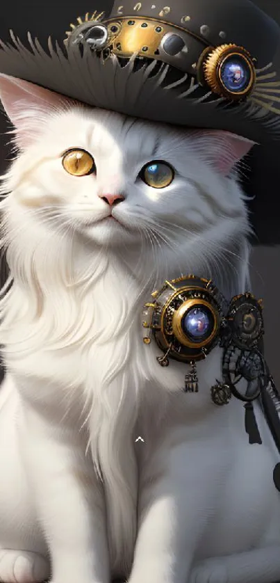 Steampunk-themed white cat with bi-colored eyes and intricate details in fantasy style.