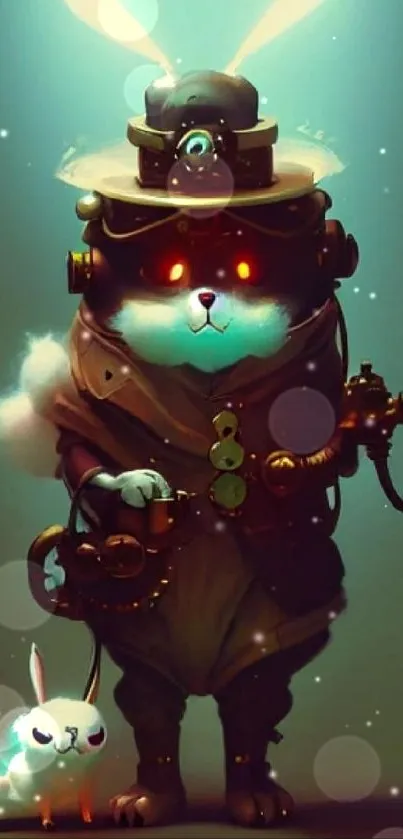 Steampunk cat and luminous bunny mobile wallpaper.