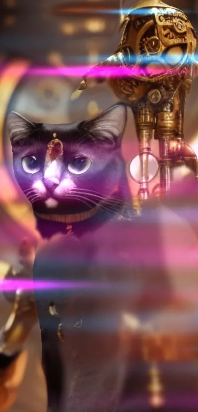 Steampunk cat with neon lights and mechanical background.