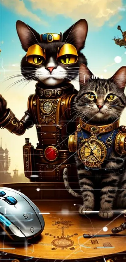 Steampunk cats with mechanical attire and accessories in a whimsical setting.