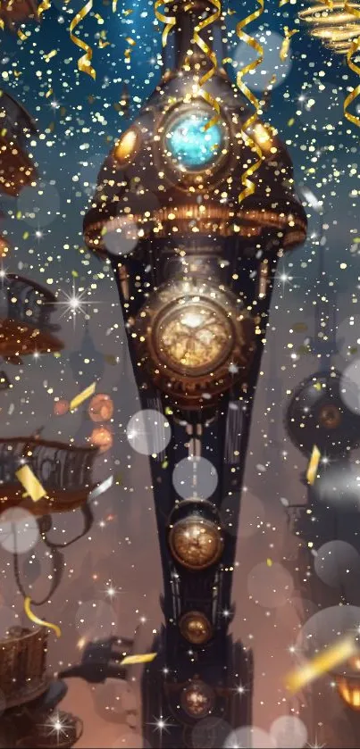 Steampunk tower with glowing clocks and festive confetti on a mobile wallpaper.