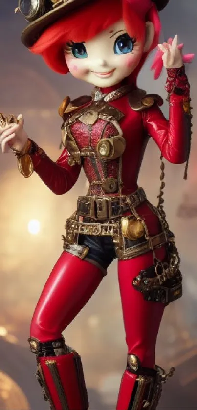 Steampunk character with red hair and outfit, set as mobile wallpaper.