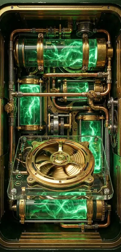 Steampunk mechanical circuitry with green glow.