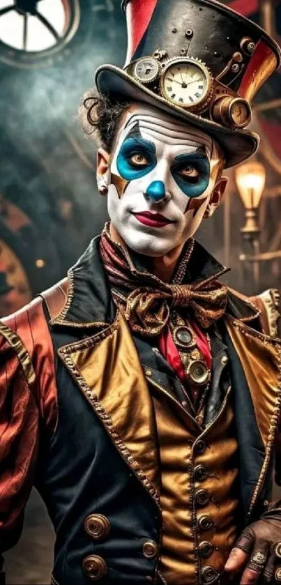 Steampunk circus clown in vibrant colors and classic attire, mobile wallpaper.