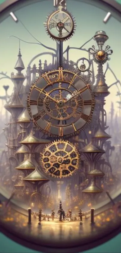 Steampunk city with large clock tower in futuristic design.