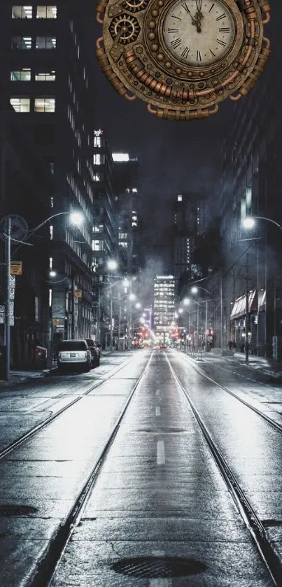 Steampunk clock above misty city street at night with glowing lights.