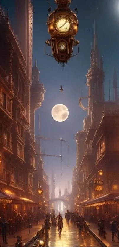 Steampunk city with dual moons and streetlights.