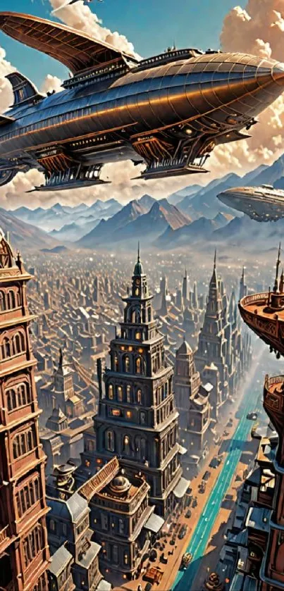 Steampunk cityscape with airships in a vibrant fantasy world.