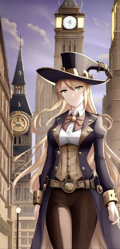 Anime character in steampunk city with clock towers.