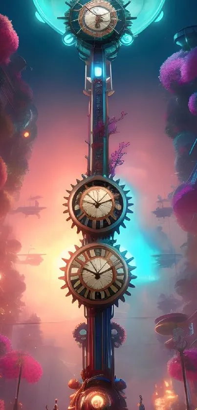 Steampunk cityscape with towering clock and vibrant colors.