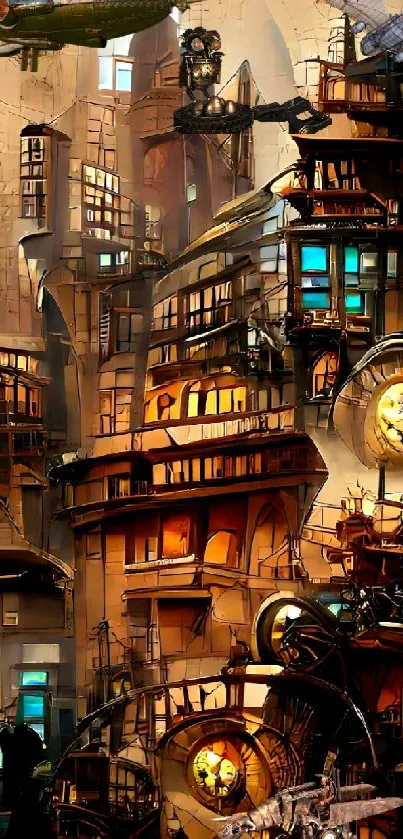 Intricate steampunk cityscape with airships and machinery.