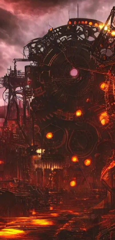 Steampunk cityscape with fiery sky and intricate mechanical gears.