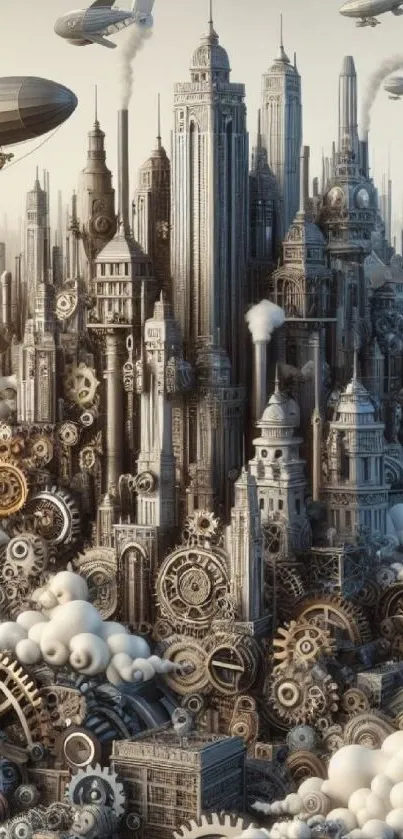 Steampunk skyline with gears and zeppelins in a fantasy cityscape illustration.