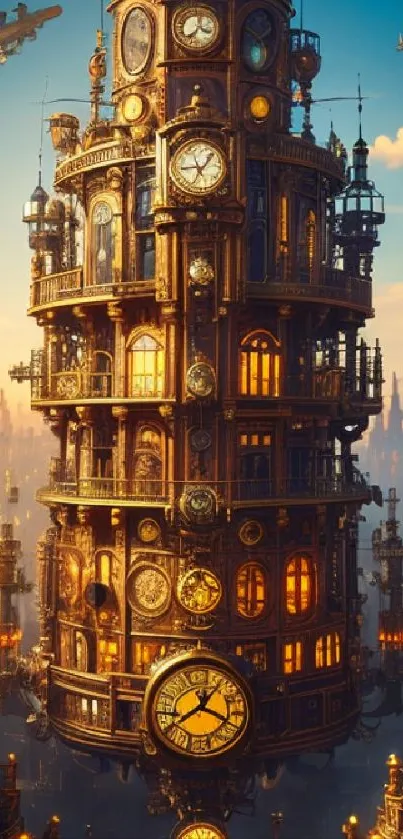 Steampunk cityscape with clock towers and airships at sunset.