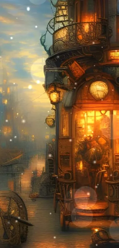 Steampunk cityscape with warm orange tones and detailed architecture.