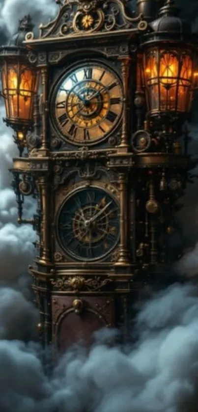 Steampunk-style clock tower surrounded by dense fog.