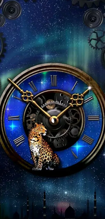 Steampunk clock with leopard on starry night background.