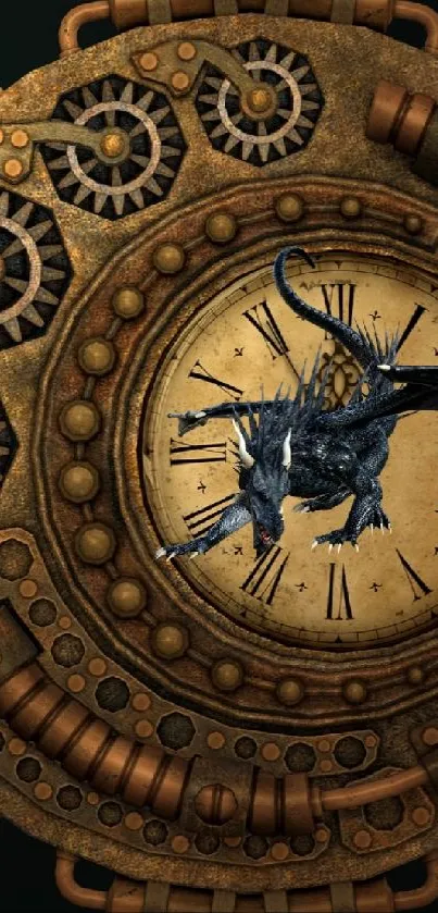 Steampunk clock with gears and dragon illustration on a dark background.