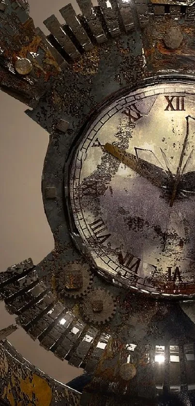 Steampunk clock face art with gears and mysterious facial design.