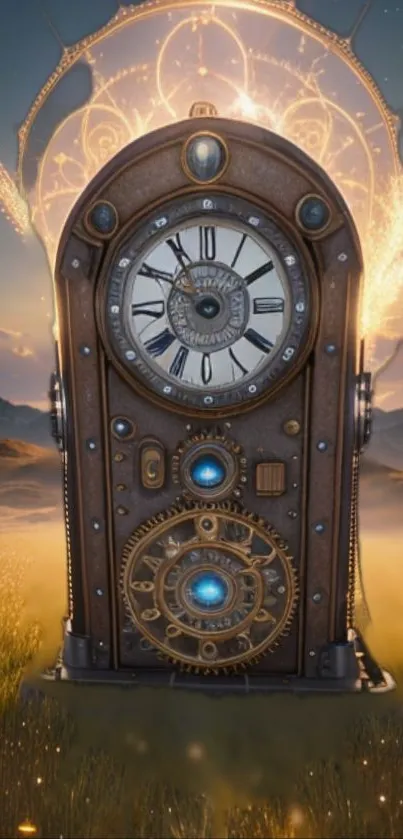 Steampunk clock with glowing gears in a fantasy landscape, perfect for mobile wallpaper.