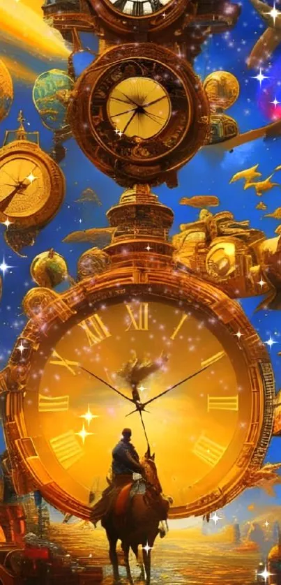 Steampunk fantasy wallpaper featuring large golden clocks and cosmic elements.