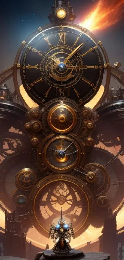 Steampunk clock tower with gears and cosmic fiery backdrop in fantasy art style.