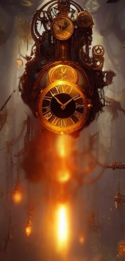 Steampunk clock with glowing orange in fantasy setting for mobile wallpaper.