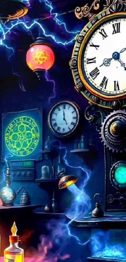 Steampunk fantasy wallpaper with clocks and alchemy elements.