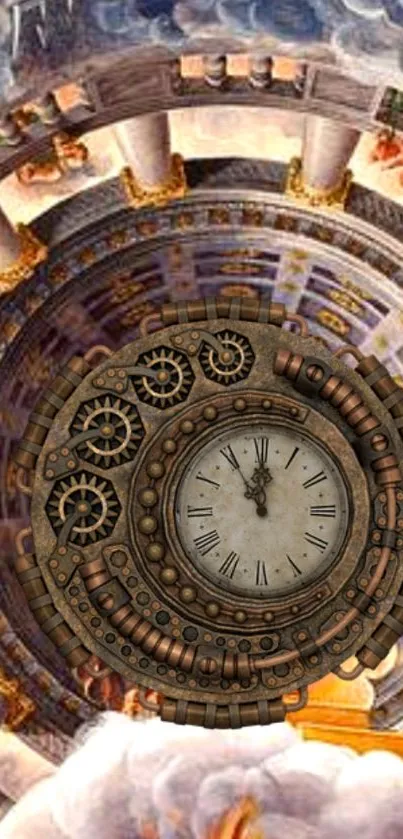 Steampunk clock with gears on a fantasy background.