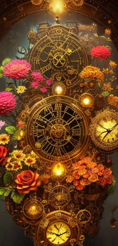 Steampunk clock with vibrant flowers and golden gears in intricate design.