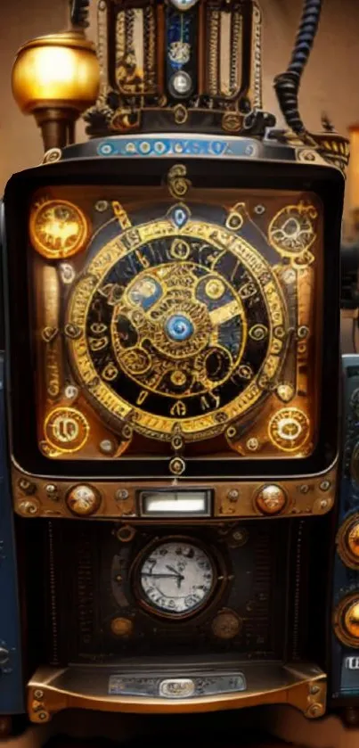 Steampunk phone wallpaper with gears and vintage clock design.