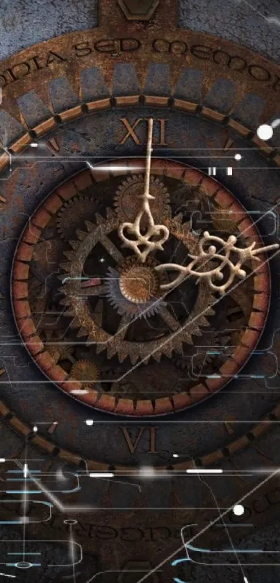 Steampunk clock with gears and Roman numerals in rustic design.