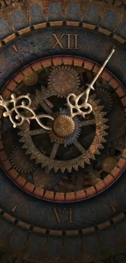 Intricate steampunk clock with gears and Roman numerals in bronze tones.