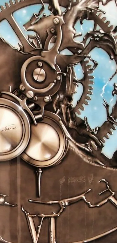 Steampunk clock with gears and sky blue background.