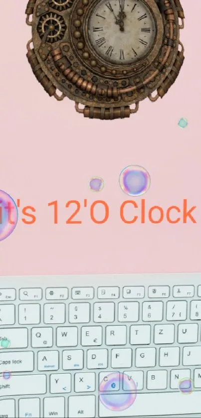 Steampunk clock and keyboard on pink background with bubbles.