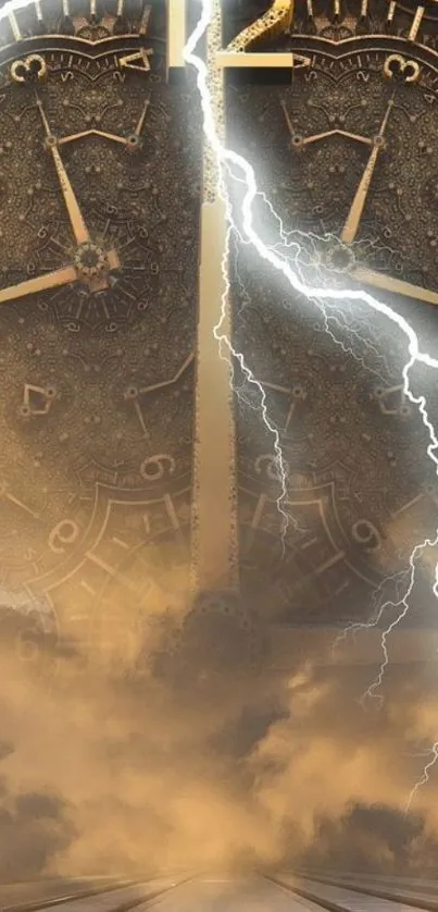 Steampunk clock with lightning on wallpaper background.