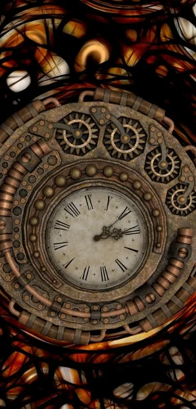 Steampunk clock with gears in rich brown hues.