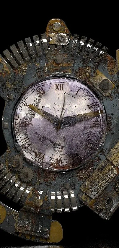 Intricate steampunk clock with gears and rustic design on a dark background.