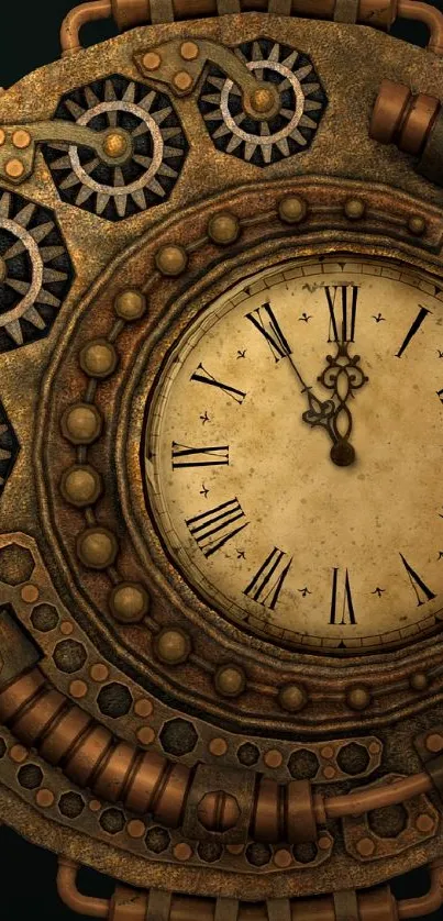 Steampunk clock and gears with a bronze tone mobile wallpaper.