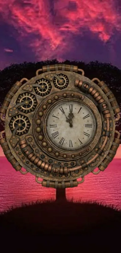 Steampunk clock with tree silhouette against a purple sunset sky.