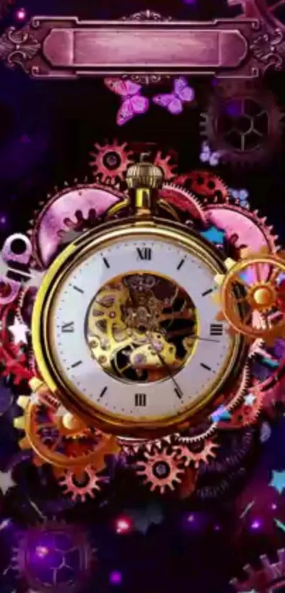 Steampunk clock with colorful gears on a purple fantasy background.