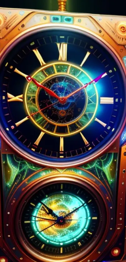 Steampunk clock with vibrant colors, ideal for phone wallpaper.