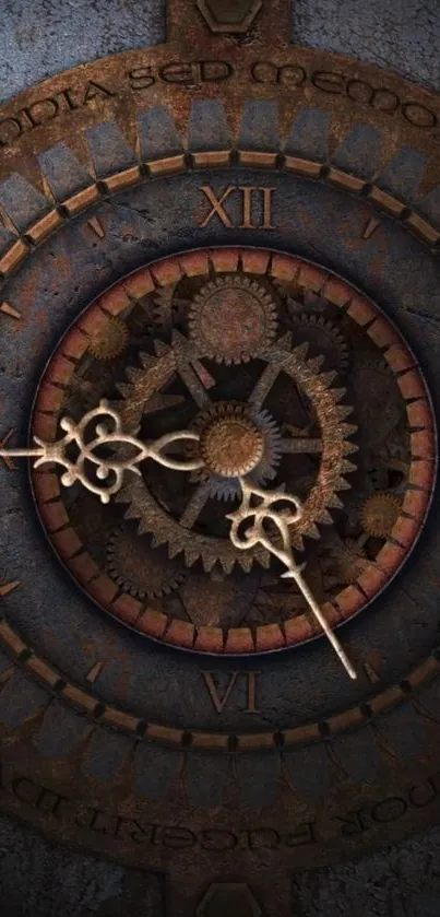 Steampunk clock with intricate gears on a rustic background.