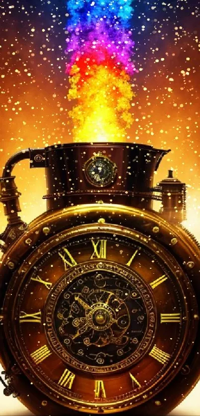 Steampunk clock with rainbow smoke on an orange background.