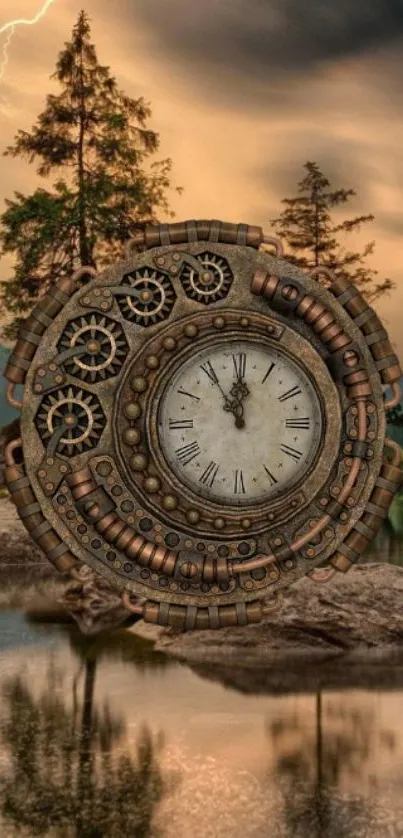 Steampunk clock with nature background, featuring a serene lakeside scene.