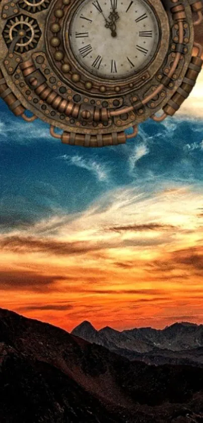 Steampunk clock over a vibrant mountain sunset.